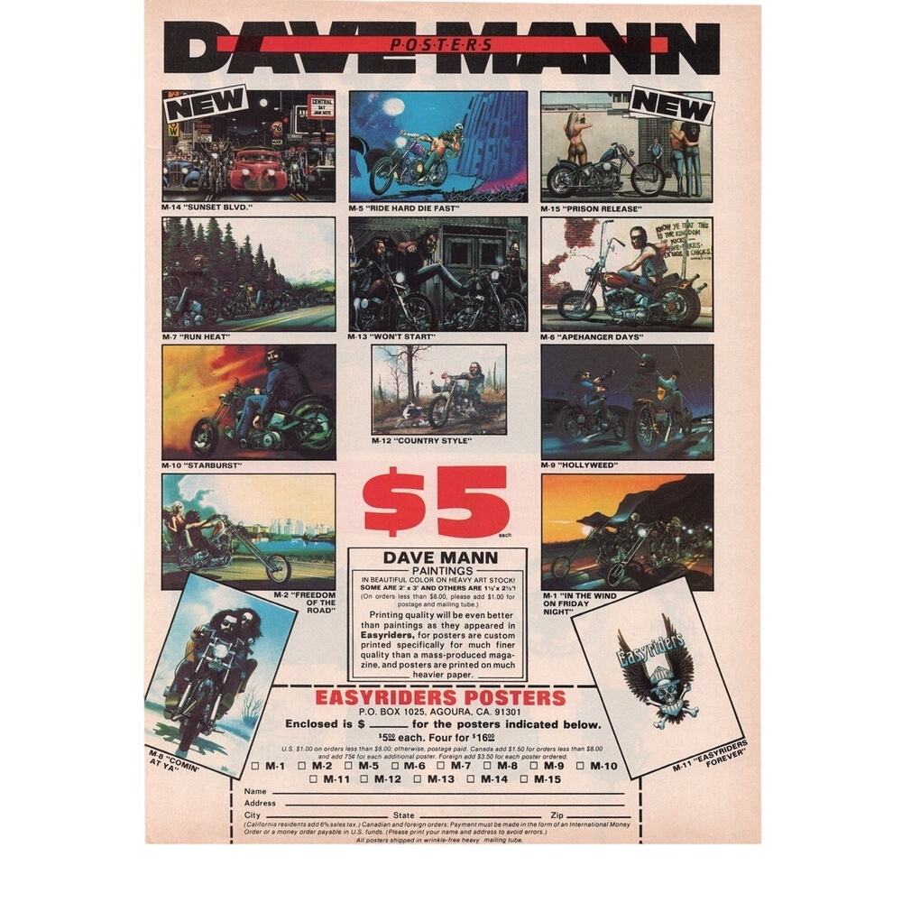 EasyRiders Dave Mann Posters Magazine Advertisement 1980s Vtg Biker Motorcycle